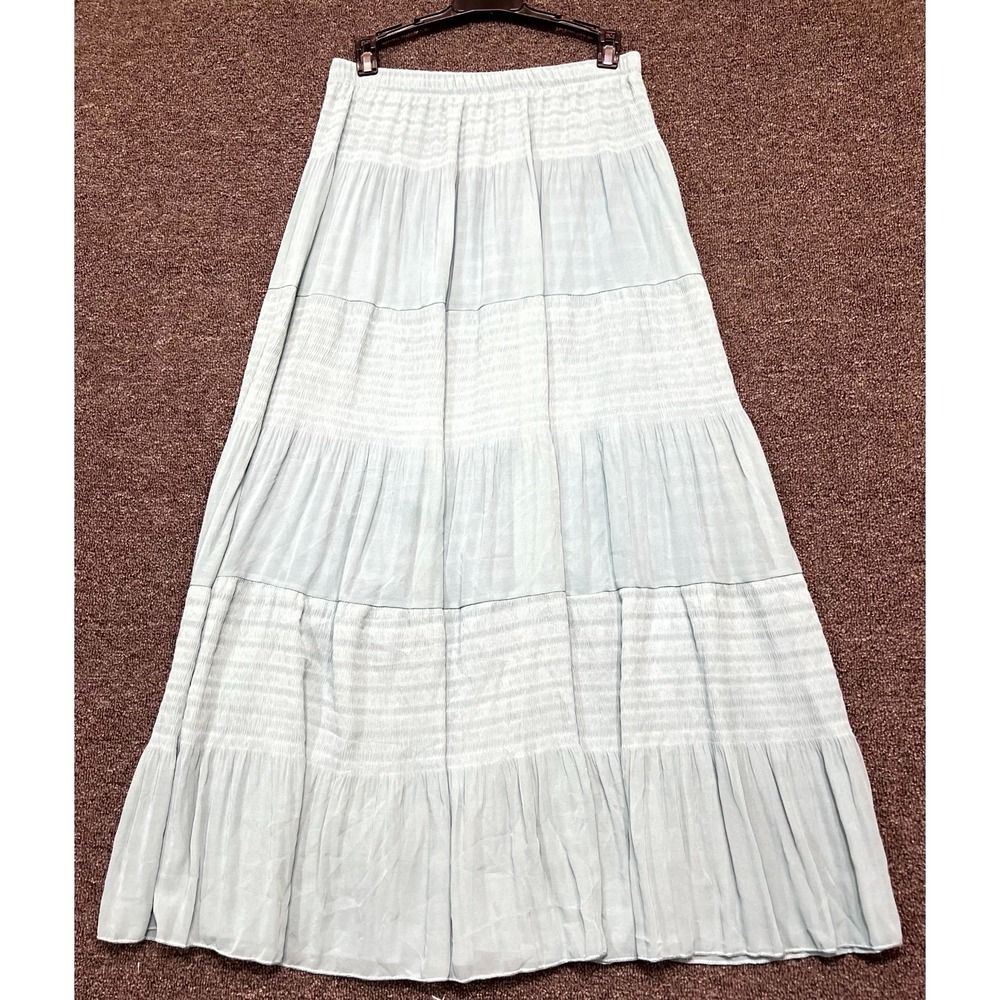 Nashalyly Maxi Skirt Women Large Light Blue Tiered Pleated Elastic Waist Pull On